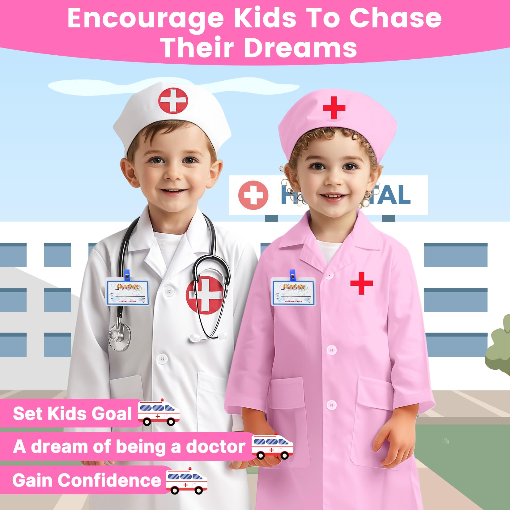 Juego de abrigo de médico para niños con estetoscopio, disfraz de cosplay para niños, regalo del día de la carrera para niños y niñas de 3 a 12 años, 4 piezas