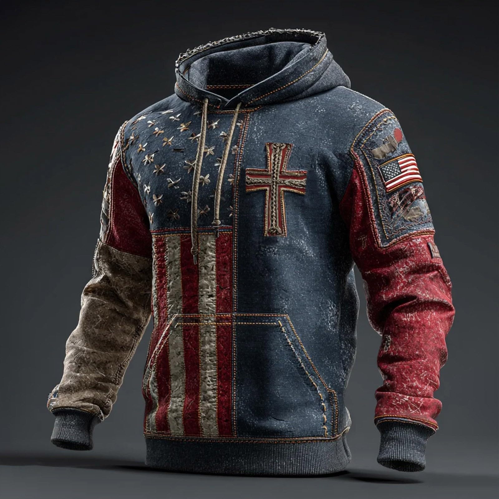 Sudadera Béisbol Hombre Informal con Capucha Y Bandera Estadounidense para Hombre, De Manga Larga, Mensaje Adoración A Dios, Estilo Retro, Texto Amo (Dark Blue, XXXL) Mangas El Sol