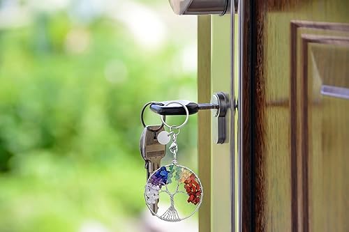 Miniatura 3 de GEHECRST Llavero de cristal de chakra, hecho a mano, envuelto en alambre envuelto en árbol de la vida, piedra de cristal curativo, llavero con