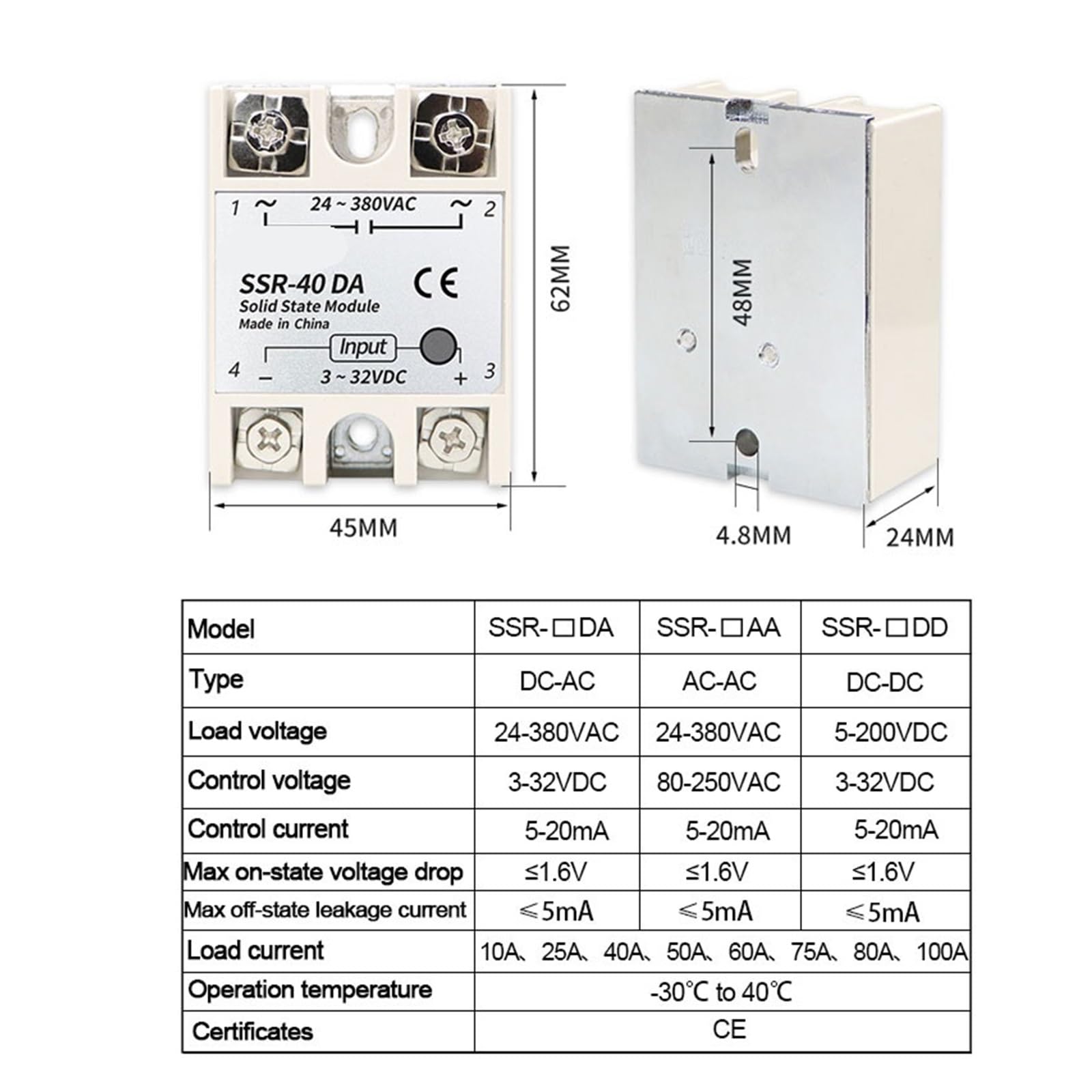 10 Uds relé de estado sólido 10A 25A 40A 50A 60A 80A 100A CC a CA a módulo monofásico 24-380VAC(10PCS SSR-50A)