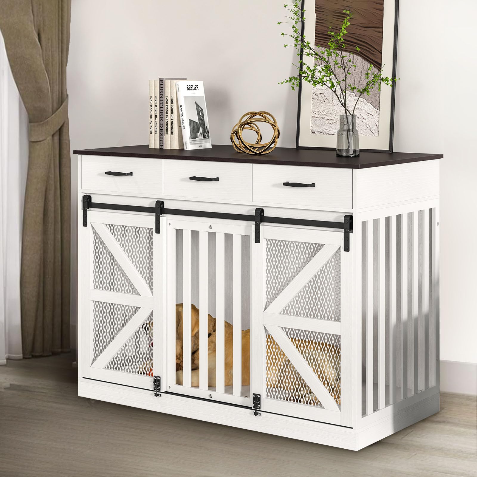 48" Dog Crate Furniture with Storage, Heavy Duty Dog Kennel Indoor with Divider for Small, Medium and Large Dogs, Large Dog Cage with Sliding Barn Door, Decorate House as TV Stand, End Table