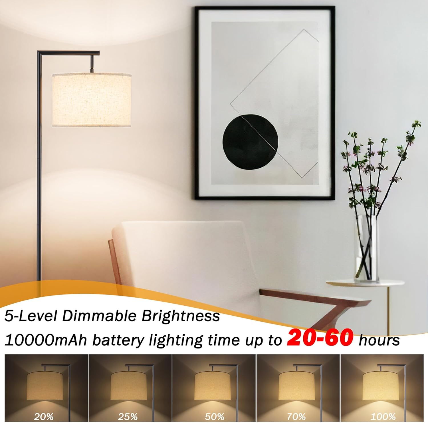 Modern Battery Operated Floor Lamp Cordless for Living Room, 10000mAh RGB Dimmable Lamp with Remote Control Lighting time up to 50 hrs, Tall Standing Floor Lamp for Bedroom, 2 Bulb