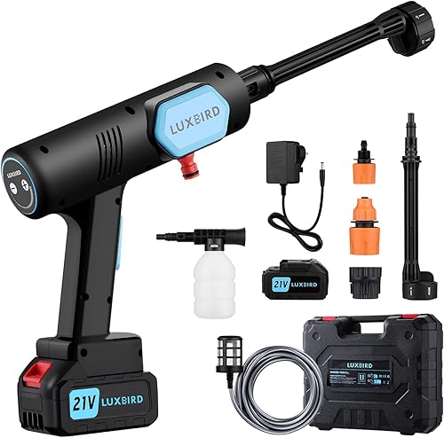 LUXBIRD Lavadora a presión inalámbrica, pistola eléctrica portátil de 21 V, boquilla de pulverización 6 en 1, ajustable, con estuche de herramientas