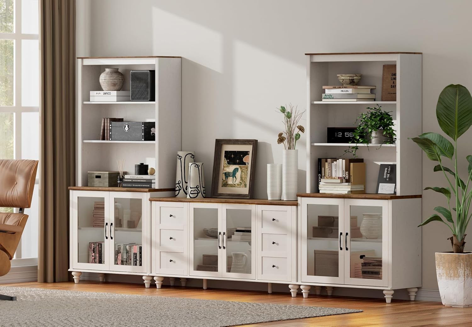 WAMPAT Entertainment Center with Bookshelves for TVs up to 65", Farmhouse Wall Unit TV Stand with Glass Doors, Media Console Table for Living Room, Bedroom & Home Theater, White