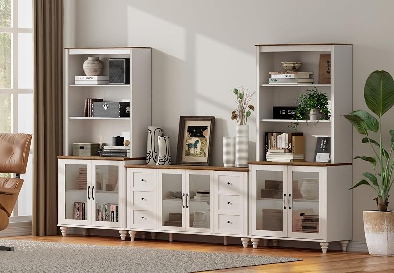 WAMPAT Entertainment Center with Bookshelves for TVs up to 65", Farmhouse Wall Unit TV Stand with Glass Doors, Media Console Table for Living Room, Bedroom & Home Theater, White image 7