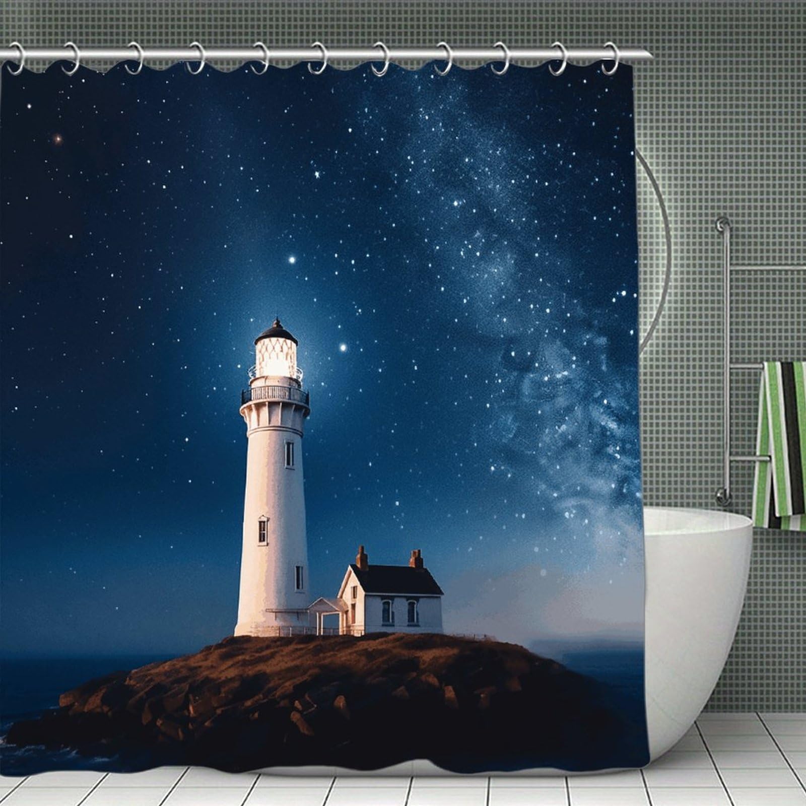 VstaDank Lighthouse Under Starry Night Sky Shower Curtain Waterproof Bathroom Curtain with Hooks Luxury Weighted Bath Curtains for Bathtubs Showers Room Dividers Decorative Shower Curtains 71x71 in