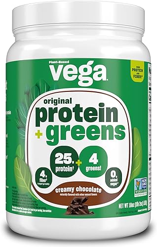 Vega Protein and Greens Proteína en polvo de chocolate cremoso (11 porciones) 0.88 oz de proteína a base de plantas más verduras, vegano, sin OMG,