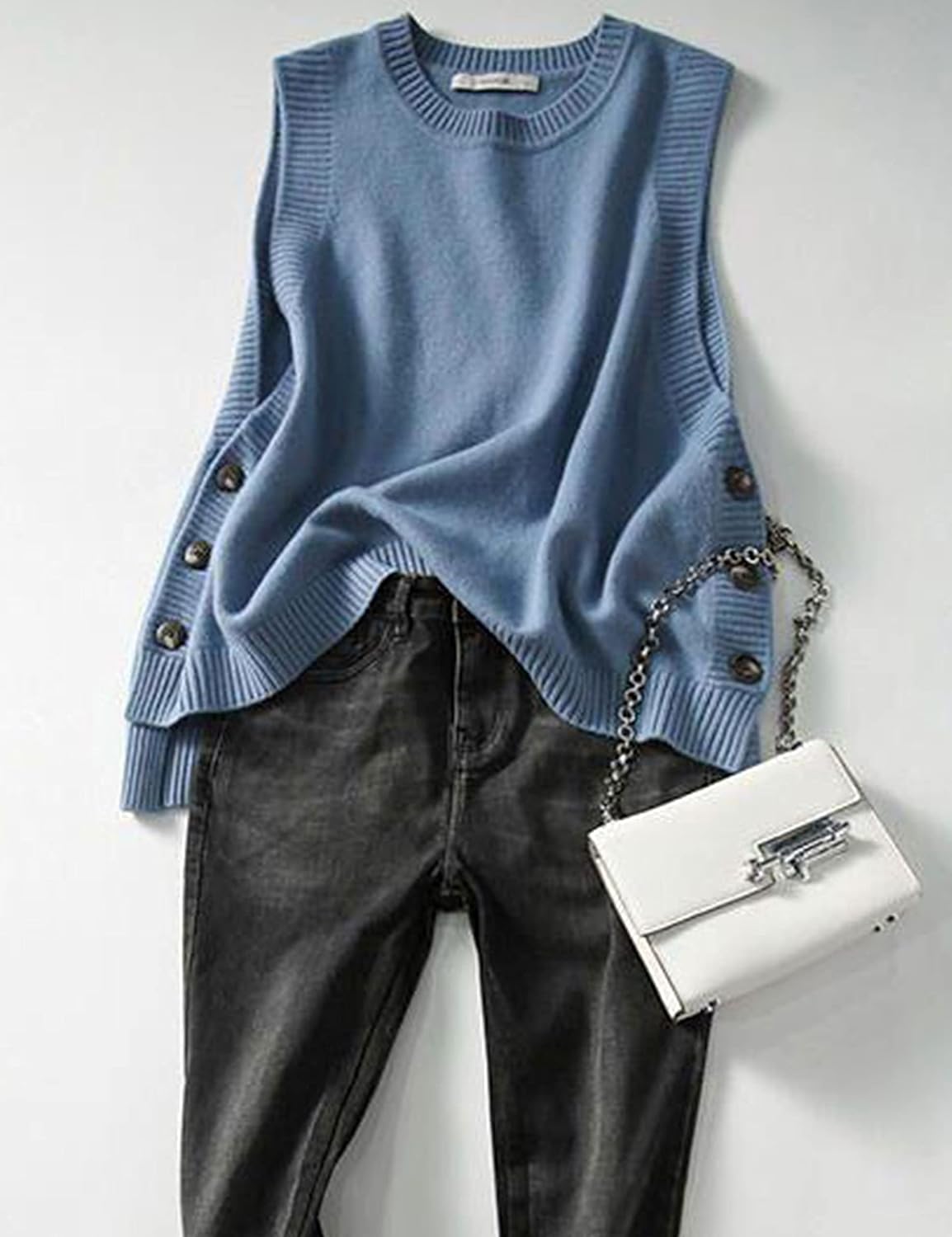 HangNiFang Women's Round Neck Sleeveless Pullover Ribbed Knit Sweater Vest Top - Image 3