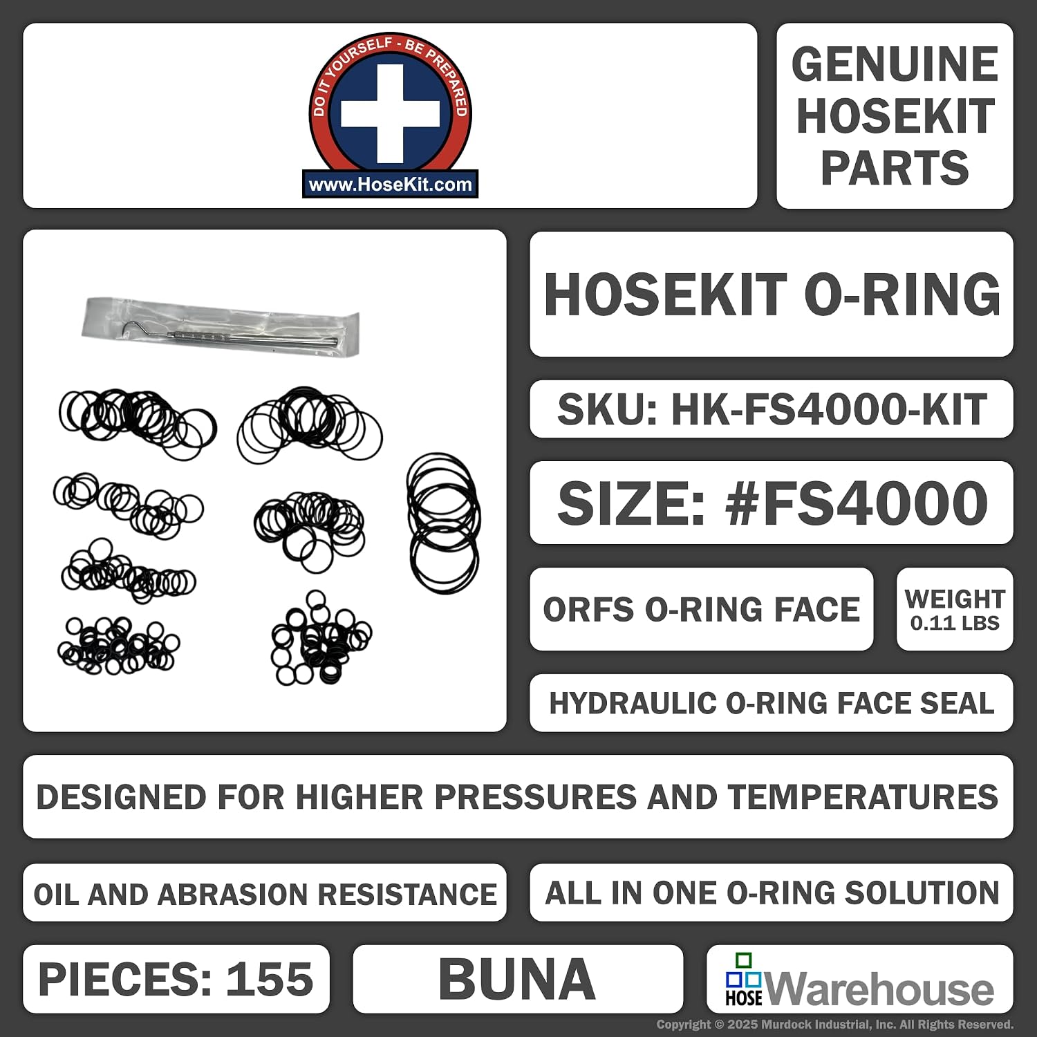 Hose Kit #FS4000-Kit ORFS Hydraulic O-Ring Face Seal Kit (155 pcs, Buna-N, 1/4" to 1-1/2" Sizes, High-Pressure Seals)