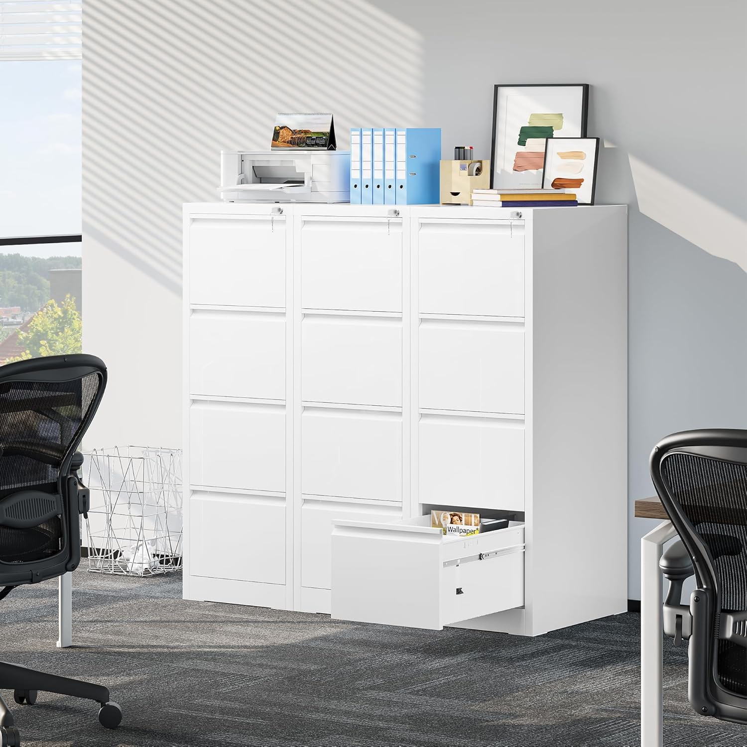 YITAHOME Aktenschrank mit 4 Abschließbaren Schubladen, Kippsicherer Rollender Aktenschrank mit Rädern für das Büro zu Hause, Unter-Pult-Aktenschränke, weiß, 62 x 45.8 x 133cm