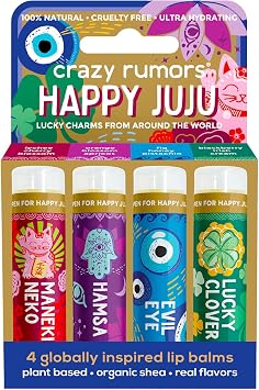 Crazy Rumors Happy Juju Lucky Charms Lip Balm Mix Maneki Neko, Hamsa, Evil Eye, Lucky Clover 4 Pack Gift Set, Natural & Vegan lip balm sticks for adults and kids