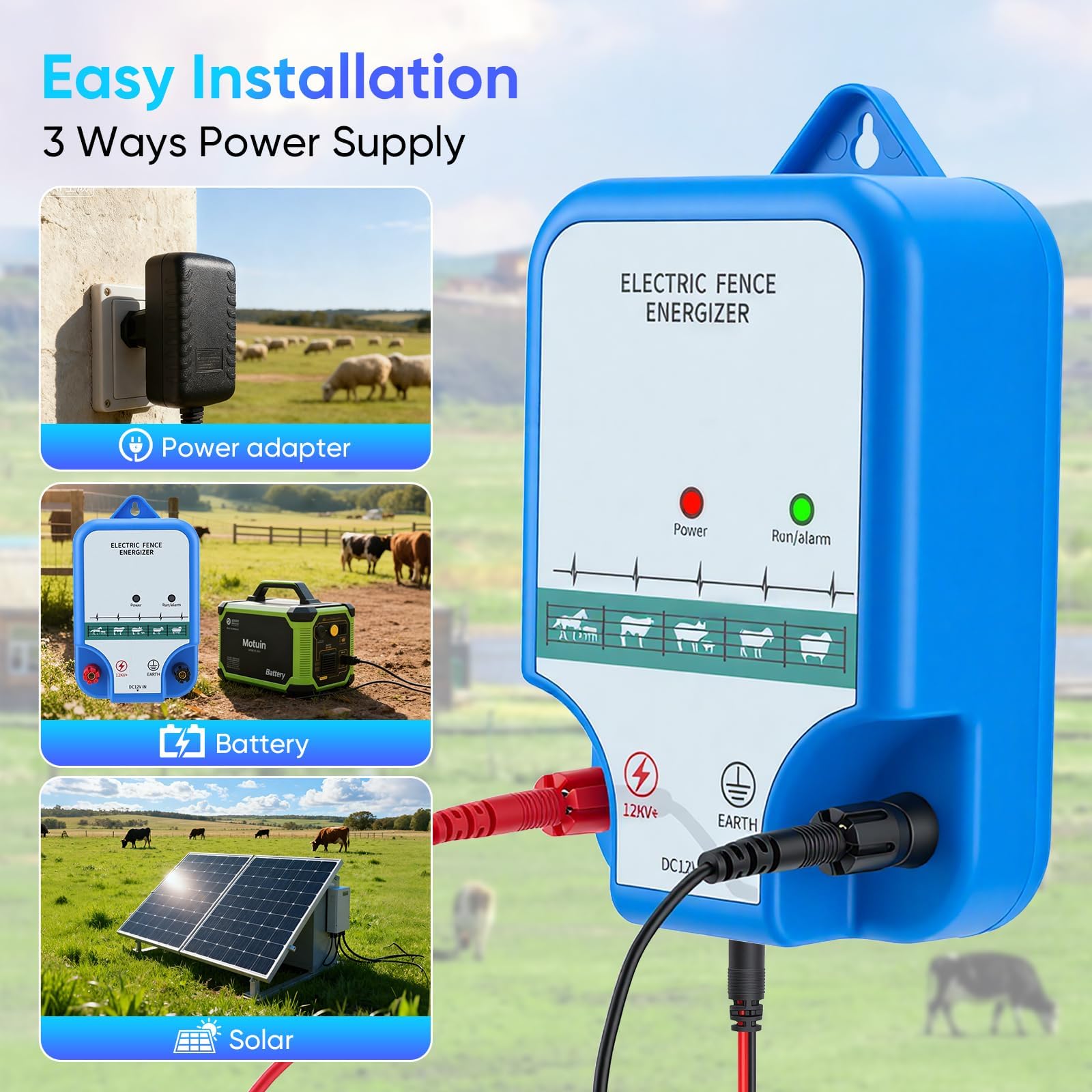 3KM Elettrificatore per Recinto Elettrico, 2J Recinzione Recinto Elettrica per Animali, LED Elettrificatore Recinzione Elettrica, per Galline Pecore Maiali Volpi & Azienda Agricola Pascolo Giardino