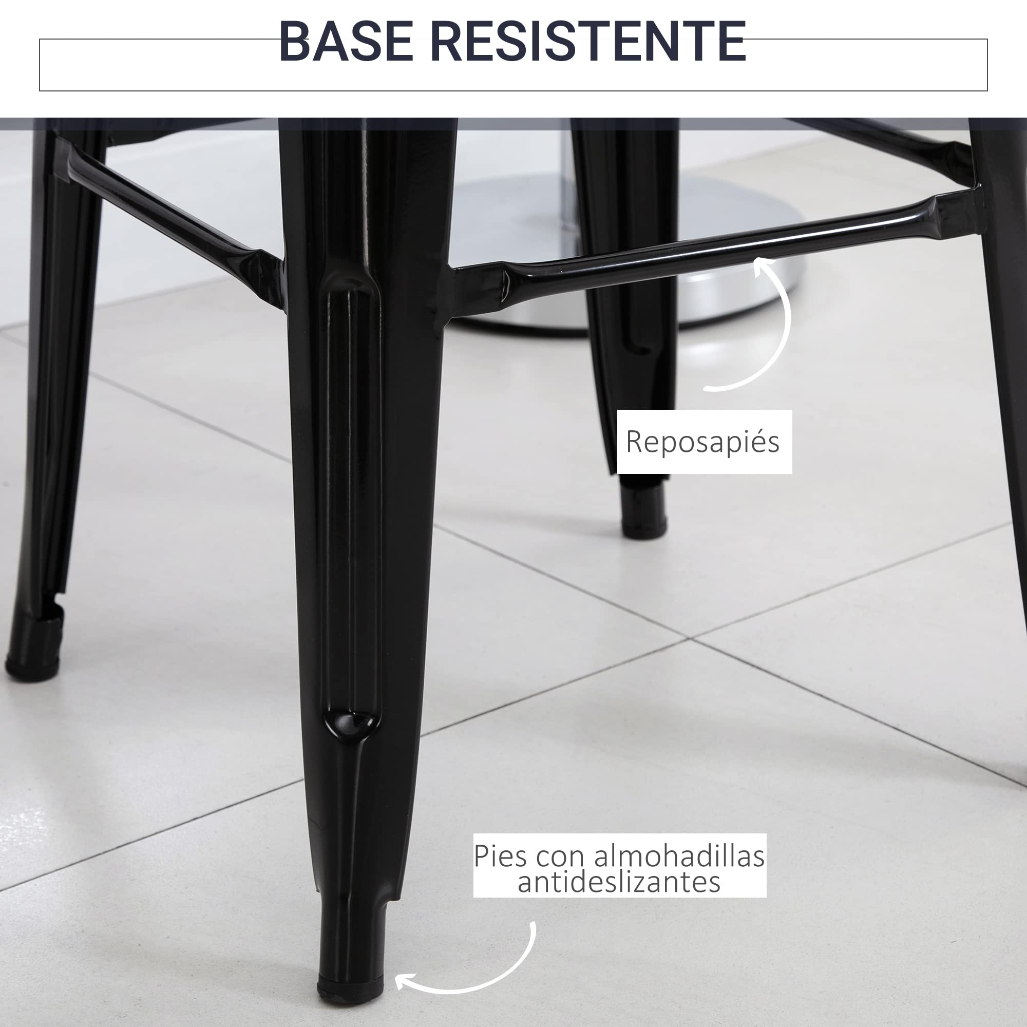 HOMCOM 4 Taburetes de Bar Apilables con Reposapiés 43x43x76 cm Negro | Estilo Industrial, Aptos para Interiores y Exteriores, Carga Hasta 120kg