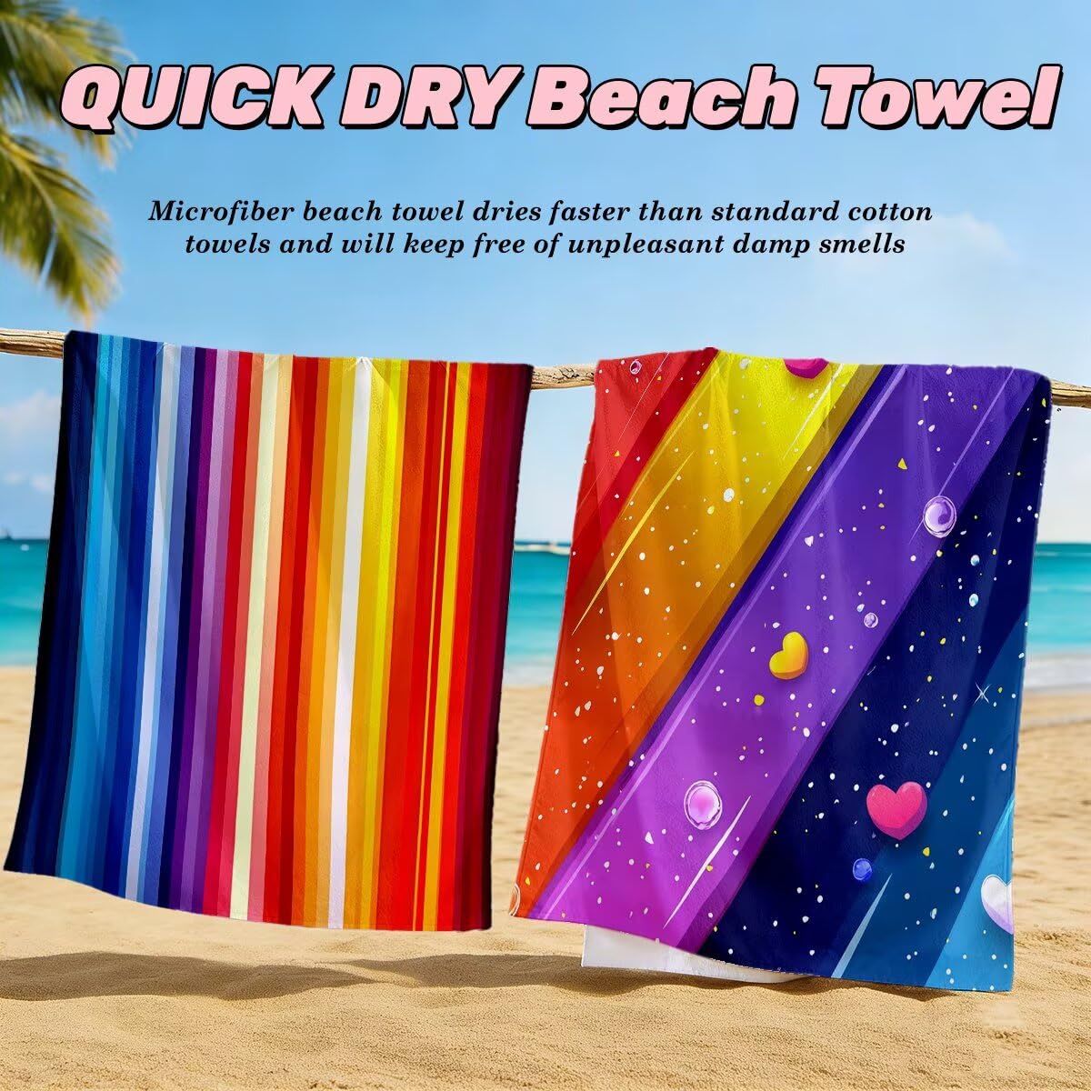 Toalla Playa 80x160 cm, Toalla Gimnasio Microfibra Secado Rapido, Juego de 2 Antiarena Toallas de Playa, Ligera Compacta Toallas Microfibra Grande para Viaje, Regalo Hombre Mujer (Vistoso) -5015