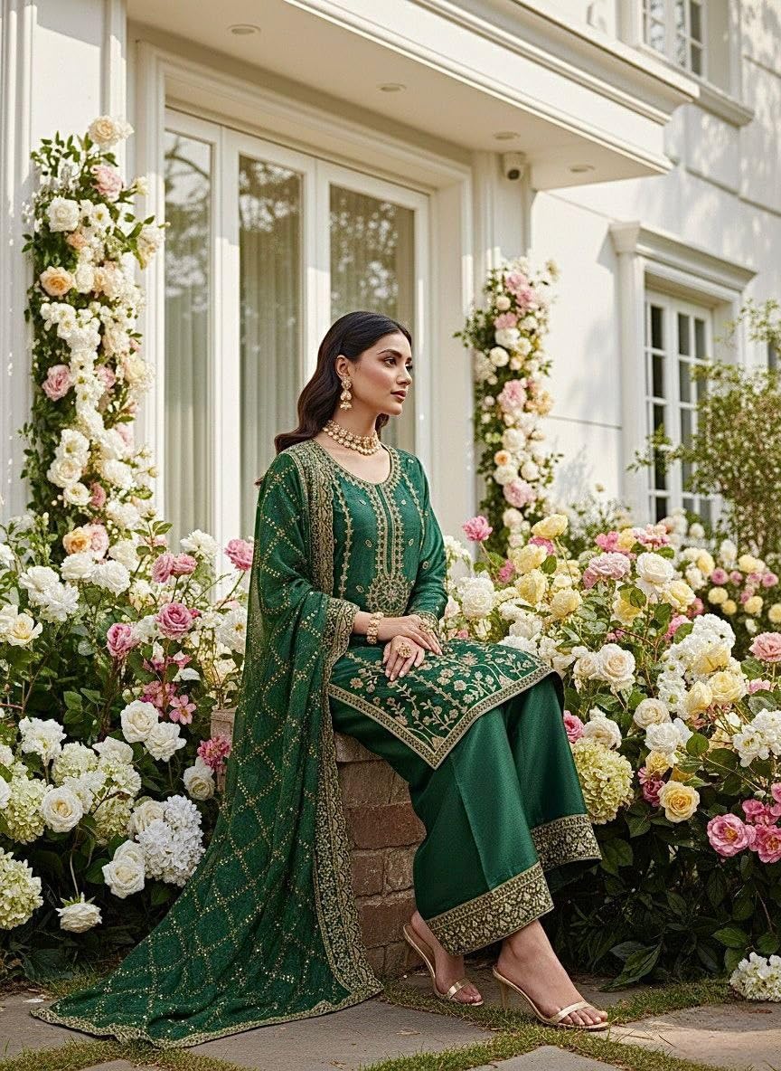 Women's pure gmy silk With heavy embroidery Kurta With Sharara and Dupatta Set.