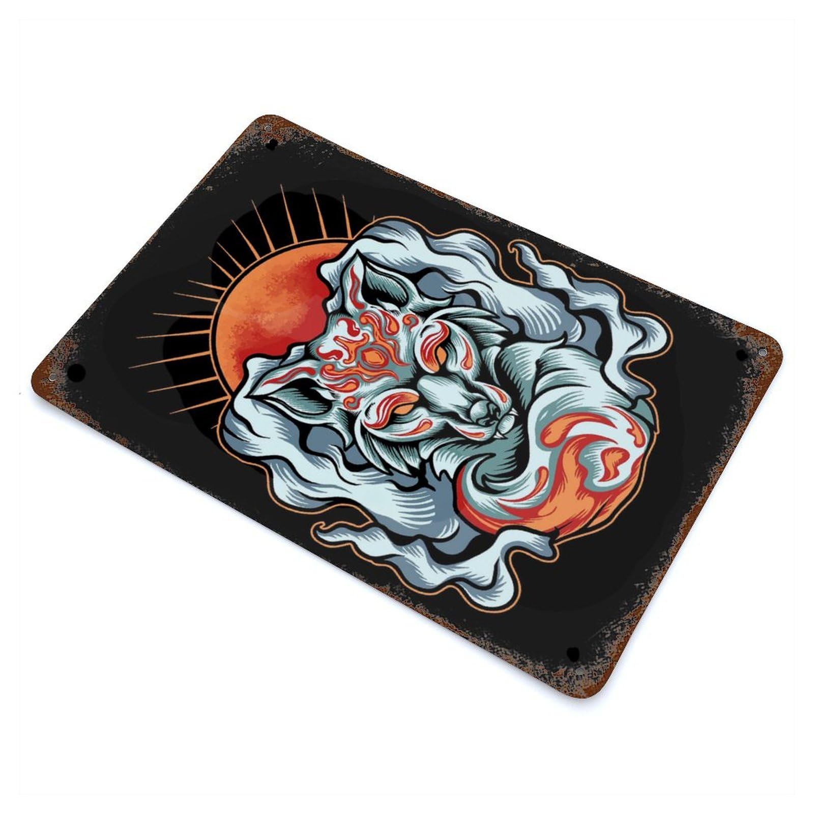 Kitsune Fox Mask Ink Wash 11.8"x7.9" Rustic Tin Plaque, Industrial Home Decor for Farmhouse, Kitchen And Entryway Decor