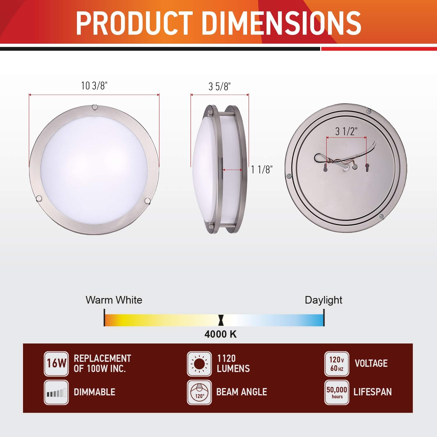 OSTWIN 10 Inch LED Flush Mount Ceiling Light, 16W (130W Equivalent), 1120 Lm, Dimmable Close to Ceiling Light Fixture for Kitchen Hallway Laundry, Brushed Nickel, 4000K, Energy Star, ETL