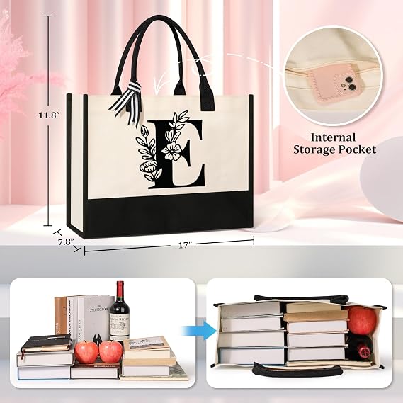 Personalized Initial Canvas Tote Bag, Cosmetic Bags, Suitable for Birthday, Wedding, Beach, Holiday, Great Birthday Gifts for Women, Mom, Teachers, Nurses, Best Friends, Bridesmaids (E)