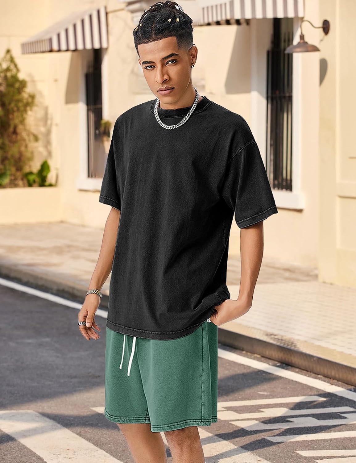 Flygo Men’s 3 Pack Athletic Shirts Shorts Set 6 Pieces Acid Washed Oversized T-shirt and Elastic Waist Gym Workout Shorts Set