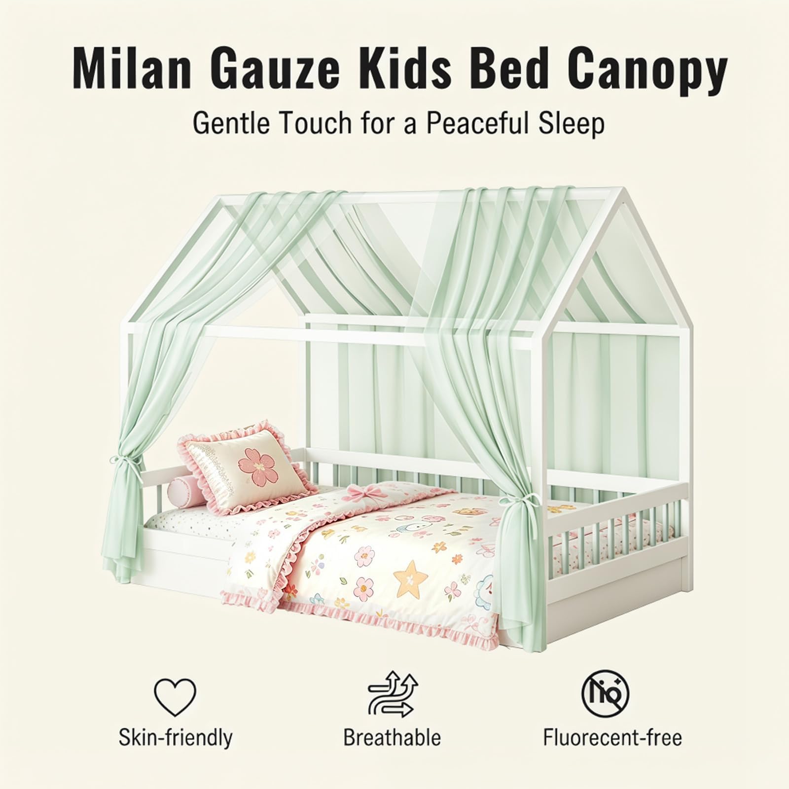 MeYuxg Lot de 2 Baldaquins de Lit de Maison pour Décoration de Lit de Maison, 150 x 350CM Anti-Moustiques Ciel de Lits en Coton Bio, Rideau de Lits Respirant en Mousseline pour Enfant (Vert)