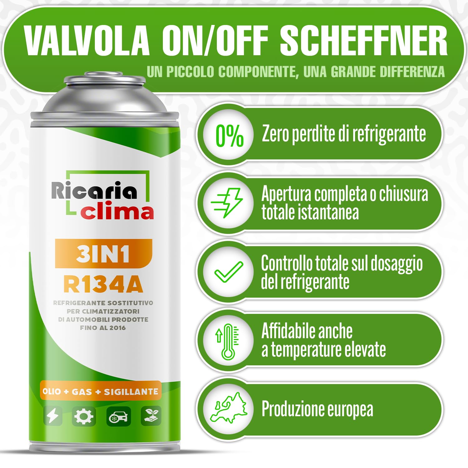3-in-1 – Gas refrigerante R134a di sostituzione per climatizzatori auto con sigillante e olio – Set 1x235 g Bottiglia – Camper – Tubo + Adattatore HP/LP – ECO