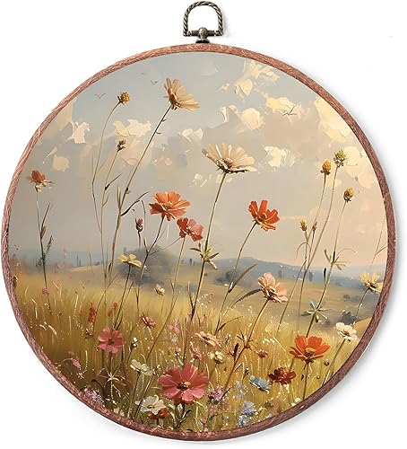 Flores silvestres florecientes, arte redondo vintage para colgar en la pared, ojal colgante de hierro, decoración moderna de pared para sala de