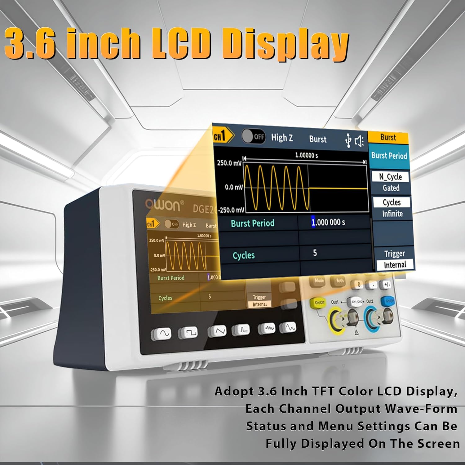 OWON Function Generators, 35MHz Dual Channel Arbitrary Waveform Generator, 125MSa/s Sample Rate with 3.6 inch TFT LCD (35MHz/2CH/ OWON DGE2035)