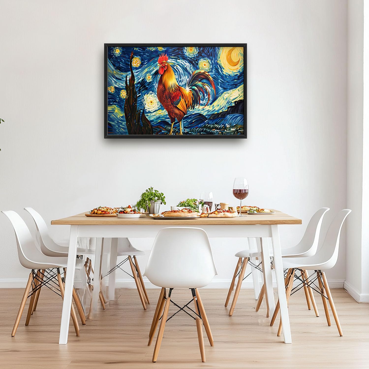 Flintis Large Rooster Wall Art Starry Sky Night Chicken Pictures Wall Decor Abstract Animal Canvas Painting Print Artwork Decoration Framed for Living Room Bathroom Master Bedroom Office 36L x 24W