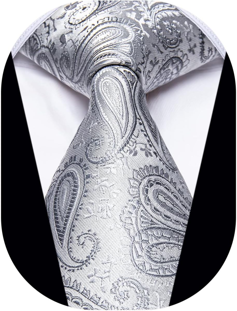YourTies Silver Tie for Men Silk Paisley Men's Necktie Woven Jacquard Formal Business Party Wedding Designer