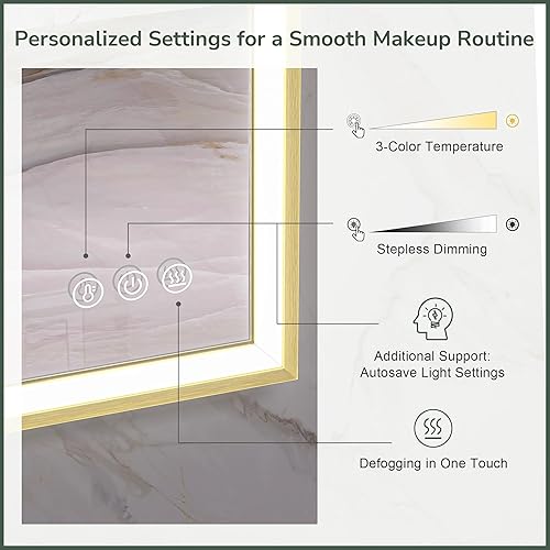 Miniatura 5 de TokeShimi Espejo de tocador de baño LED dorado de 48 x 30 pulgadas para pared con luz biselada en ángulo de 45, 3 colores, antivaho, marco mate de