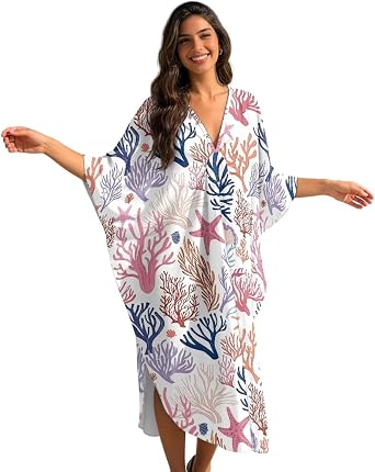 Kaftan Dresses Cover Up for Womens Oversized Batwing Sleeve V-Neck Caftan Dresses Plus Size Beachwear for Summer