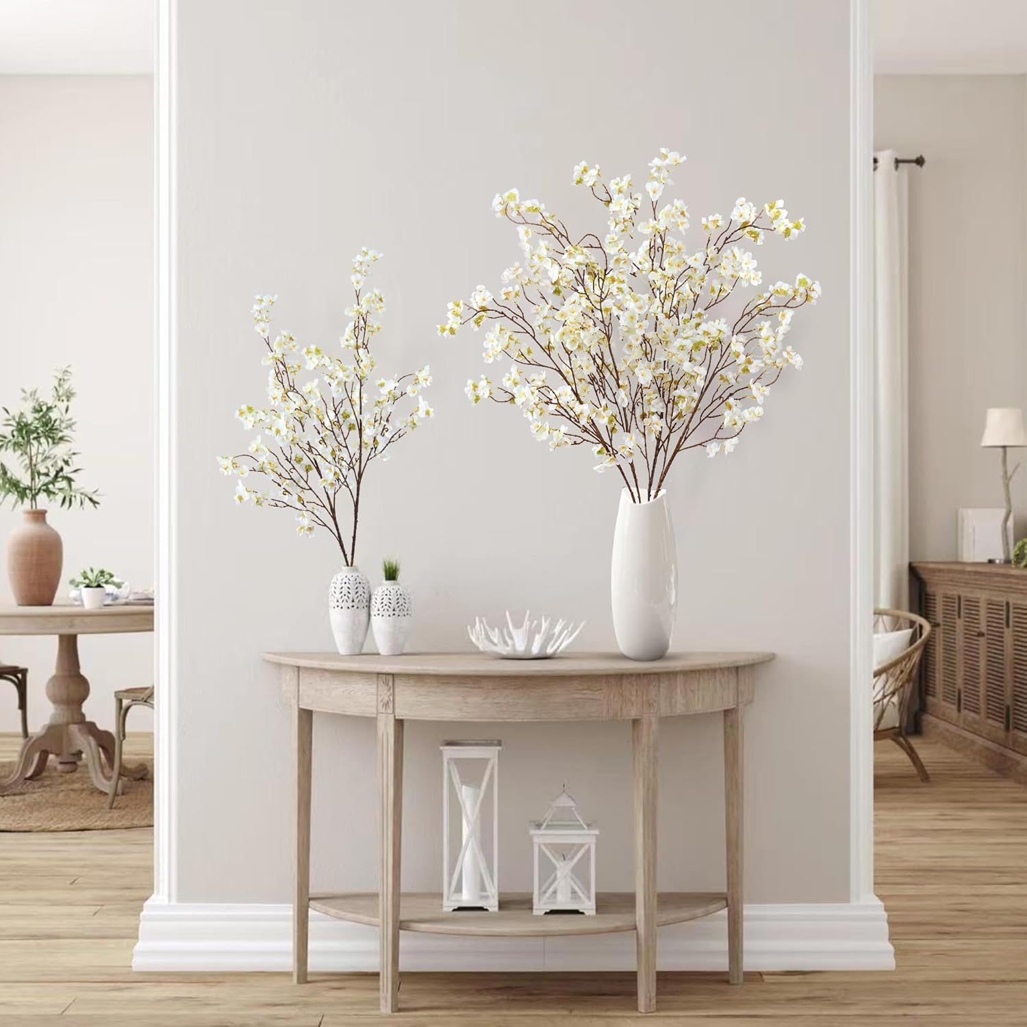 Sggvecsy Artificial Cherry Blossom Flowers 4 Pcs Faux Cherry Blossom Stems Faux Silk Cherry Blossom Branches 41’’ Fake Flowers Long Stems for Vase Arrangements Home Wedding Table Decor (White)
