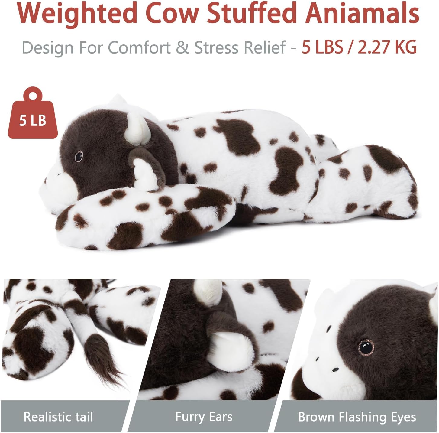 Niuniu Daddy 24" | 5 Pound Cow Weighted Stuffed Animals for Kids Adults, Cute Heavy Cow Weighted Beads for Body Pillow for Hugging, Soft Plush Toy for Gift Birthday Christmas Holiday Easter Presents