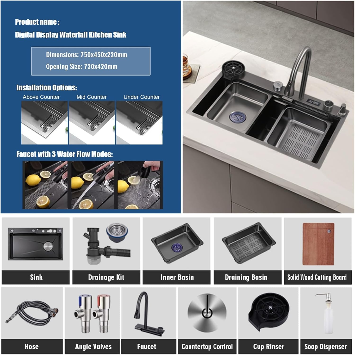 304 Stainless Steel Nano Raindance Waterfall Kitchen Sink, Drop-in Or Undermount Workstation Sink with Pull-Out Faucet,Pressurized Cup Washer, Temperature Real-time Display (Size : 75 * 45cm)