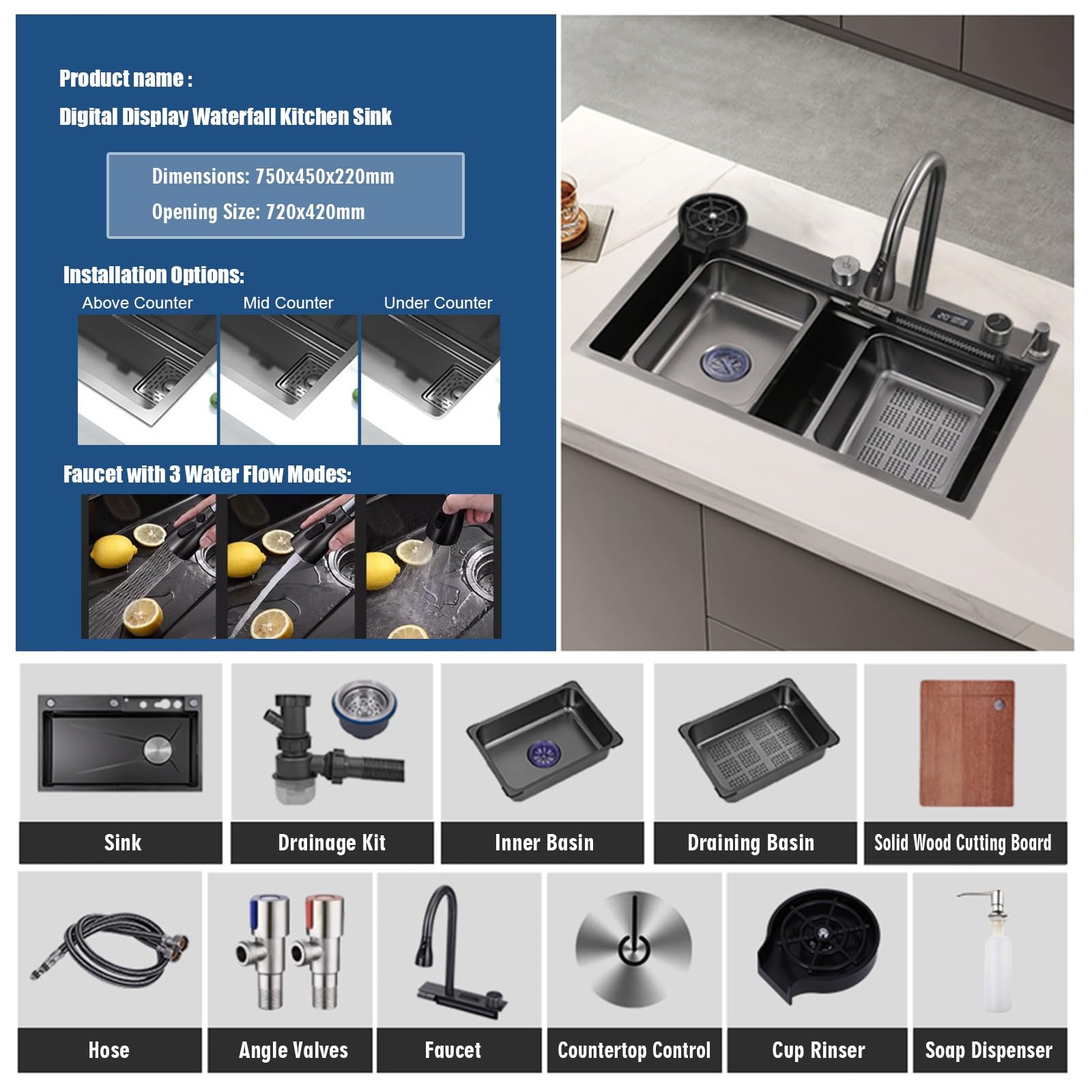 Lavello da Cucina Lavello a Cascata Nano Raindance con Dispaly Digitale,Acciaio Inox Lavello Nano-Coated Workstation Lavello,con Pull-out Rubinetto E Tazza Washer Easy-to-Clean ( Size : 75*45cm )