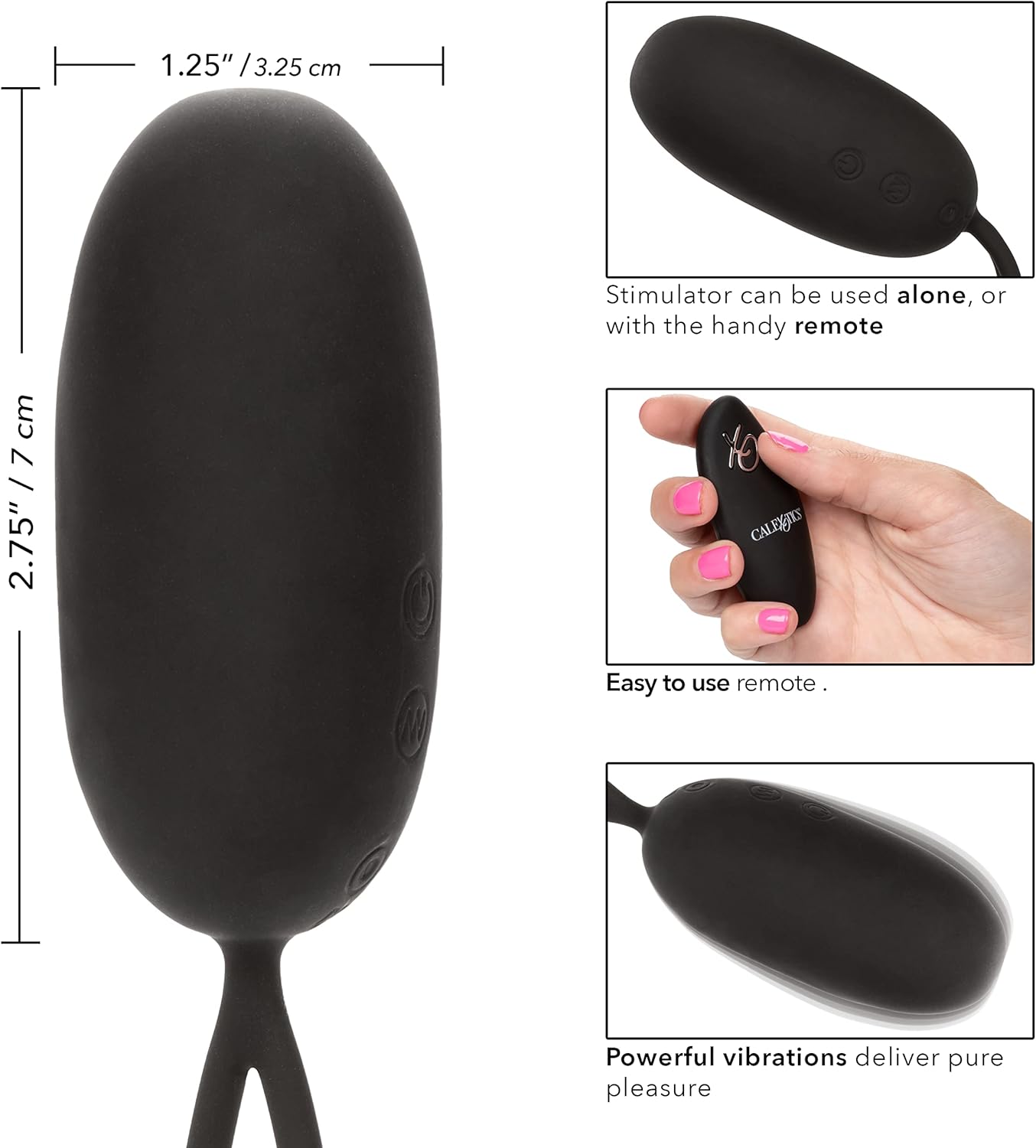 CalExotics Silicone Remote Rechargeable Egg Bullet Vibrator, Waterproof and Silicone 12-Function Stimulator with Easy Retrieval Cord Adult Couple Sex Toy Black SE-0077-30-3