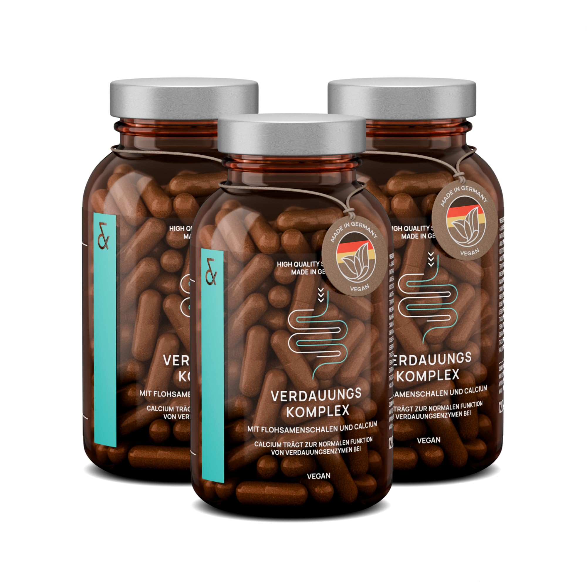 3er Set - Flohsamenschalen Kapseln mit 2200mg Flohsamenschalenpulver je Tagesdosis, Kümmel & Fenchel Extrakt - Komplex für die Verdauung mit Calcium - 120 Flohsamen Kapseln Vegan