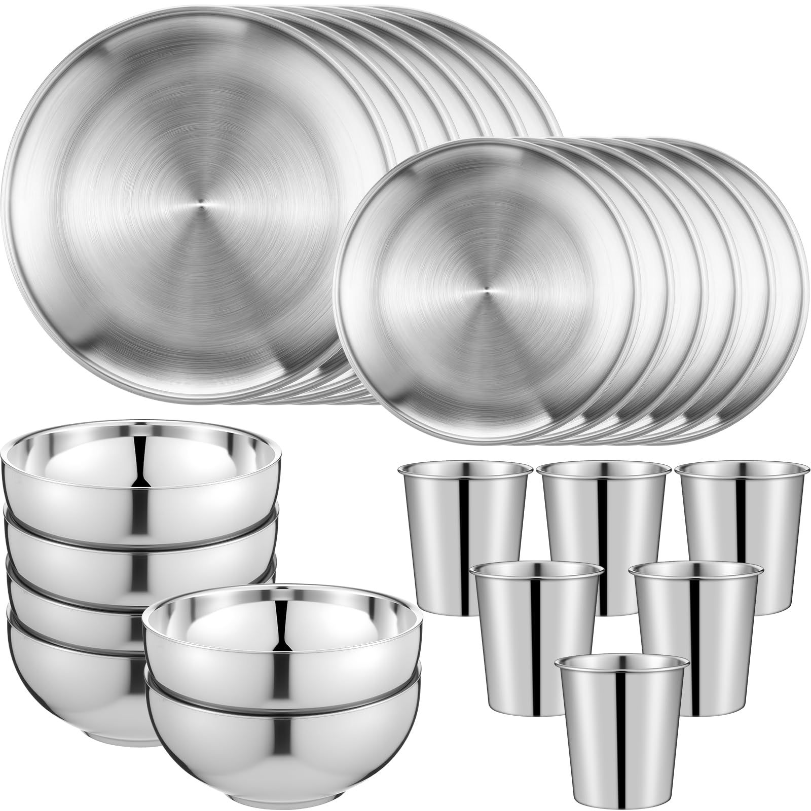 Photo 1 of Jinei 24 Pcs 304 Stainless Steel Dinner Set Include 12 Pcs 7 Inch 10 Inch Stainless Steel Plates, 6 Pieces Bowls and 6 Pieces Cups, Reusable Metal Utensils Dinnerware for Home Outdoor Picnic Kitchen