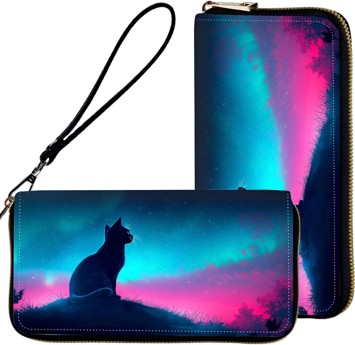 Wristlet Wallets for Women,Ladies Women's Wallet,Clutch Purses for Female Leather Large Capacity Credit Card Holder with Zipper Slim Cute Coin Pocket,RFID Blocking,Cute Cat Galaxy