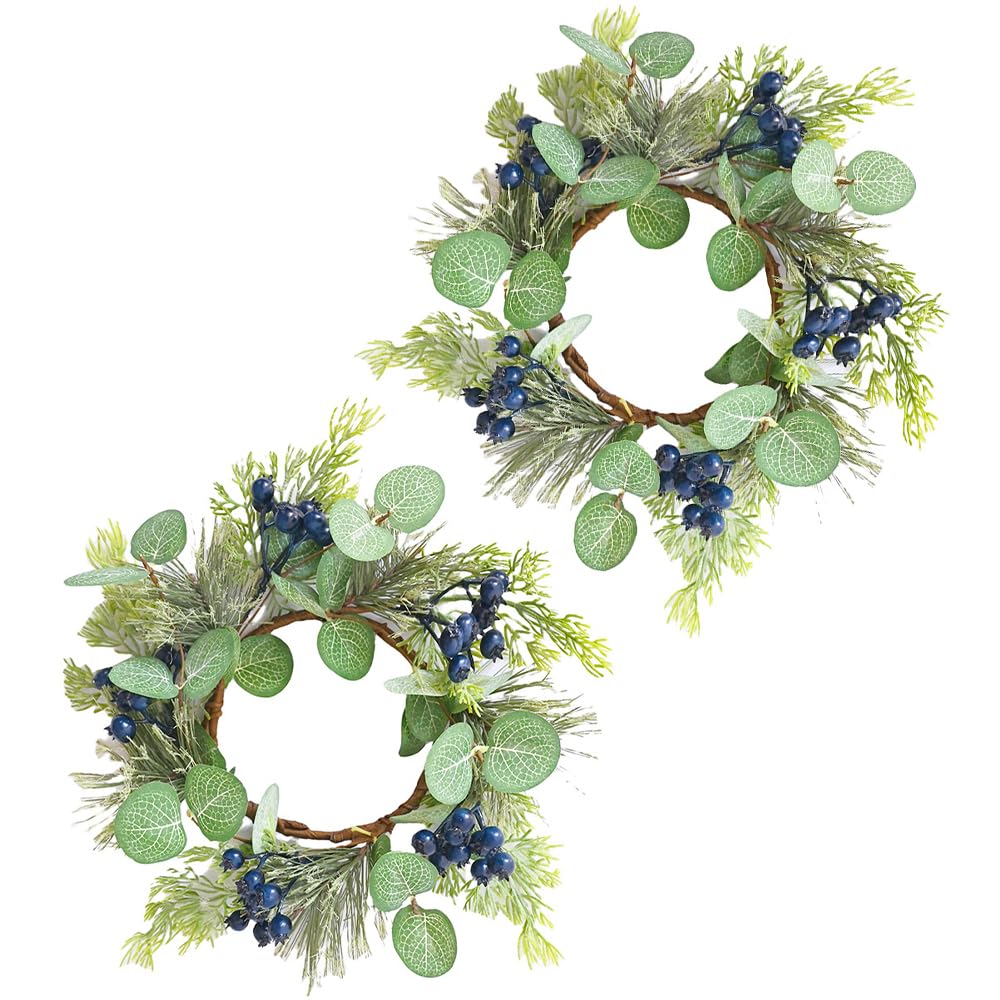 2Pcs Candle Rings Artificial Eucalyptus Leaves with Blue Berry Norfolk Pine Wreath Small Boho Wreath Pillar Candle Holder for Spring Summer Wedding Home Door Tabletop Decoration (Blue)