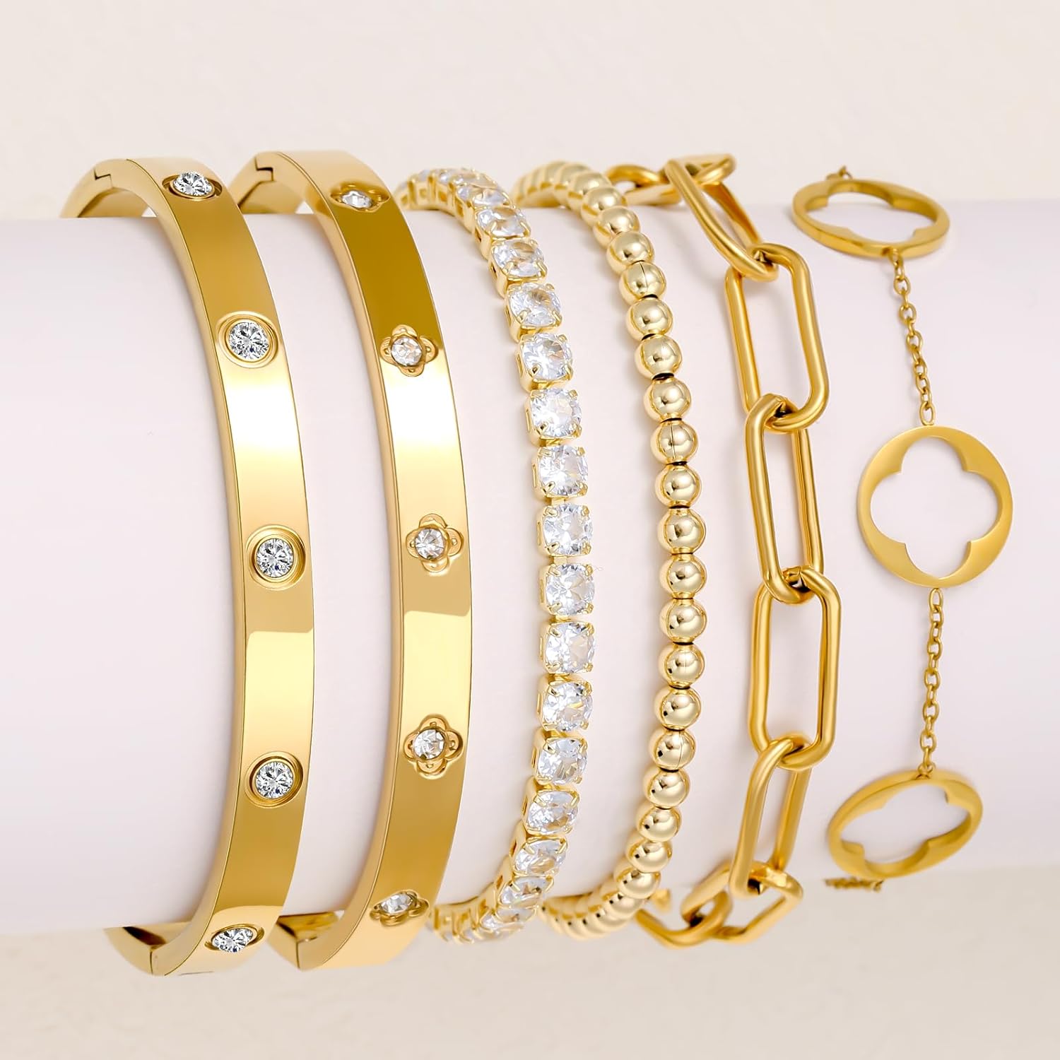 6 Pieces Gold Stackable Bracelets for Women, 14K Gold Plated Bangle Bracelet Set, Gold Non-Tarnish Stainless Steel Stackable Bracelet Set for Women - Image 2