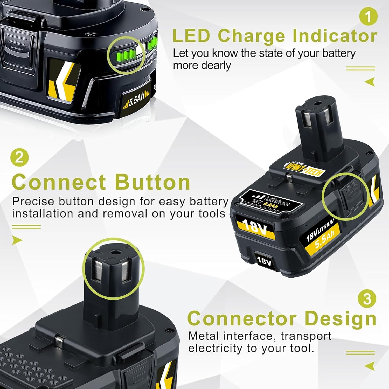 VANTTECH 2Packs 5.5Ah 18V P108 Battery Replacement for Ryobi 18V Lithium_ion Battery P104 P105 P107 P108 P507 BPL-1815 BPL-1820G BPL18151 BPL1820 Power Tools