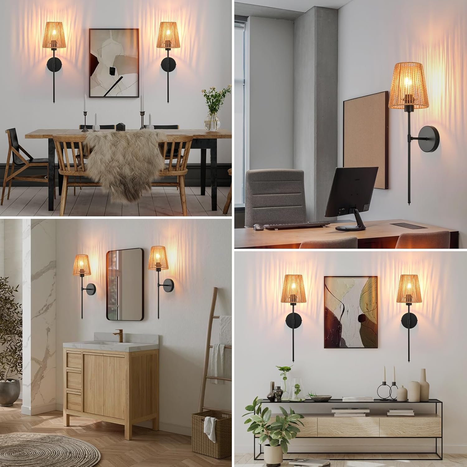 Lampada da Parete Boho in Rattan per Interni, alimentata a Batteria con Telecomando, Lampada retrò dimmerabile RGB, Paralume Ricaricabile Tramite USB, Non necessita di Collegamento