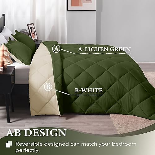 Miniatura 4 de downluxe Juego de edredón ligero (individual) con 1 funda de almohada, juego de 2 piezas, color verde liquen y blanco, edredón reversible