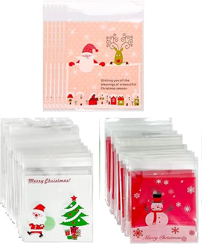 Muñeco de nieve de Papá Noel corona bolsas de plástico de celofán para galletas autoadhesivas 75 unidades 3 diferentes