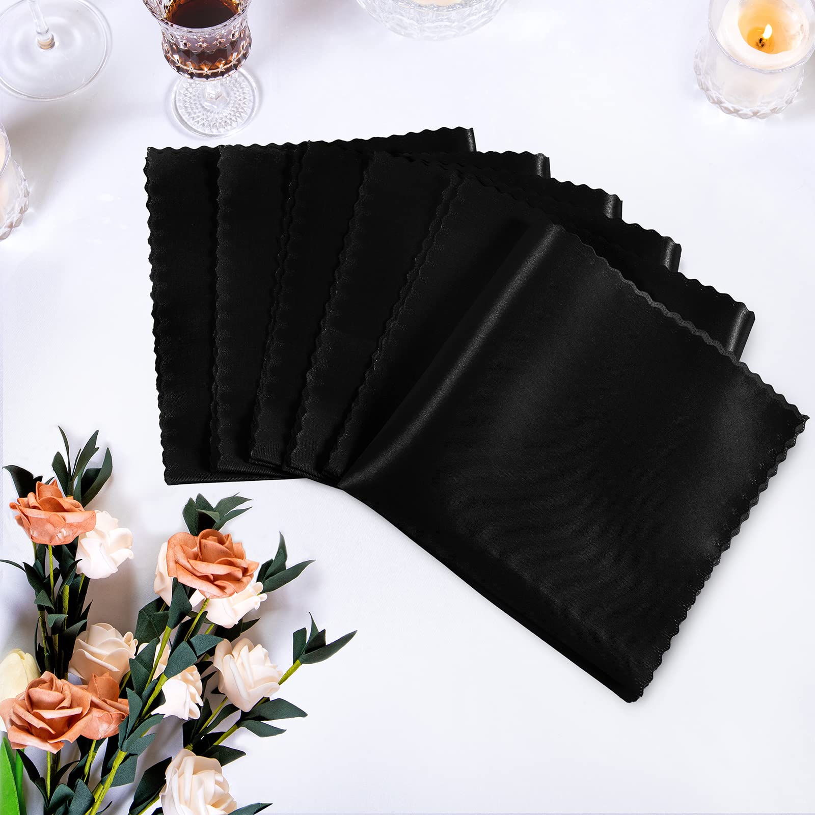 Manyshofu 6-Piece Black Satin Scalloped Napkin Set - 18x18 Inches, Smooth & Reusable for Wedding Dinner Party Lunch Banquet Restaurant