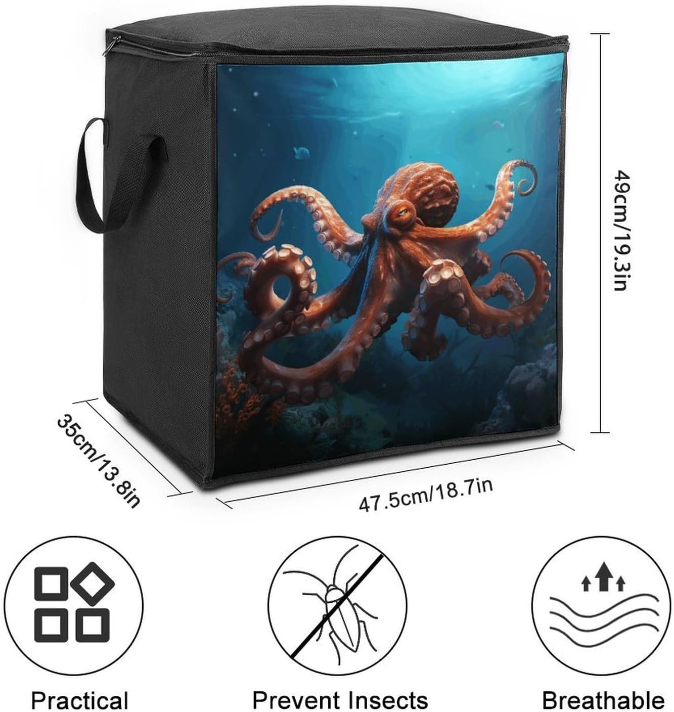Ocean Animal Octopus Storage Bag with Zippers And Handle Extra Large Bedding Comforter Storage Bag Foldable Blanket Storage Bags Fabric Moving Bags for Closet Organizer (70L)