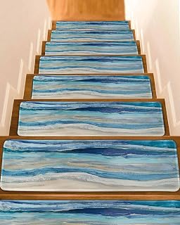 10Pack Non Slip Stair Treads for Wooden Steps Blue Gradient Water Ripple Indoor Washable Pads Self Adhesive Stair Runner Car Watercolor Oil Painting Art Step Tread Rugs for Elders,Kids,8x30IN