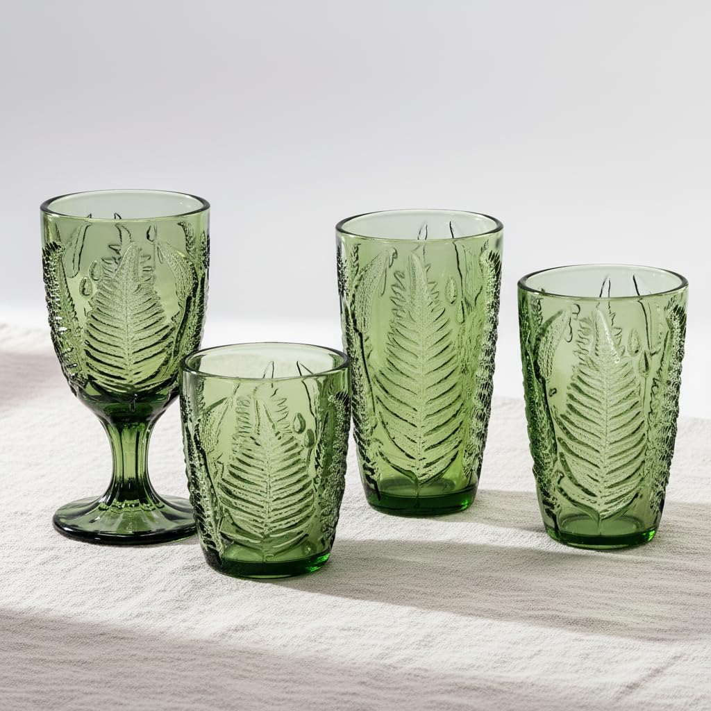Vintage Green Drinking Glasses Set of 4, 10 oz Deep Textured Glass Cups, Fern Embossed Retro Glassware, Hand-Pressed Decorative Cocktail Tumblers, Boho Style Colored Drinkware Gift Set for Home & Bar - Image 9
