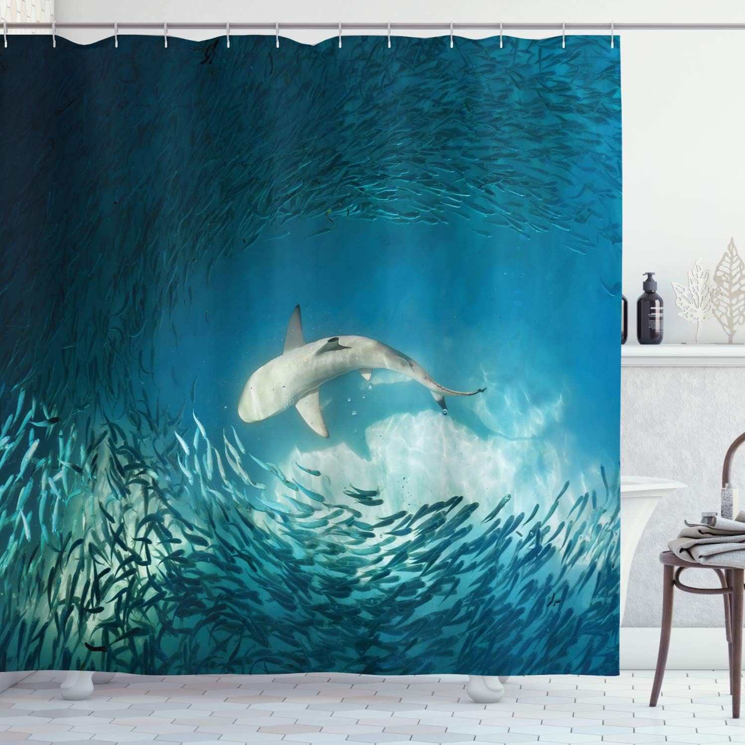 Ambesonne Sea Animals Shower Curtain, Shark and Small Fish Ocean Wilderness Waterscape Wildlife Nature Theme Picture, Cloth Fabric Bathroom Decor Set with Hooks, 69" W x 70" L, Teal Beige